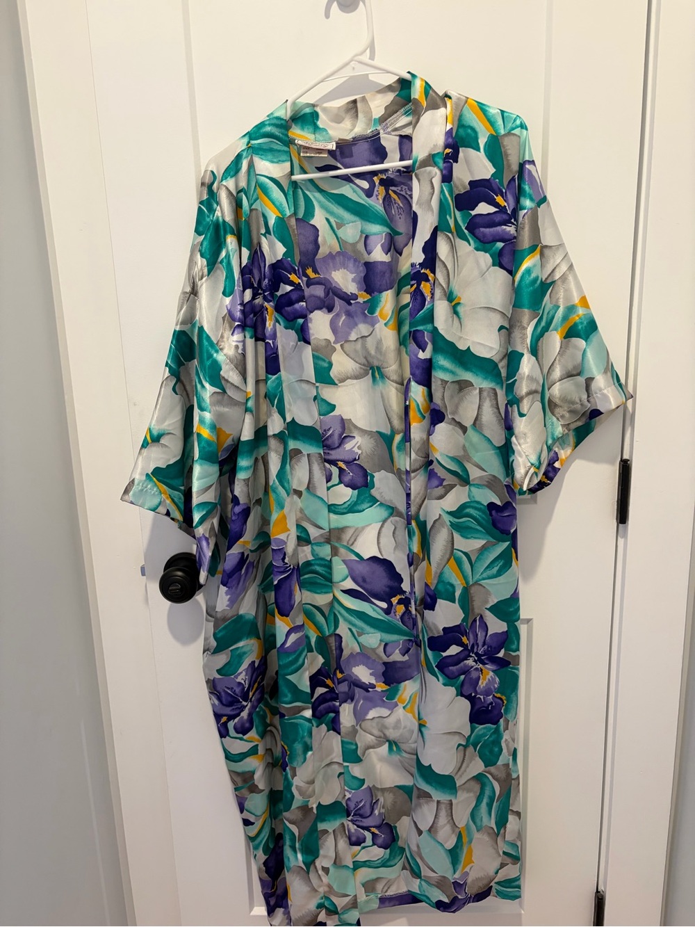 Vintage California Dynasty Floral Satin Robe L Teal Purple Kimono Granny Chic